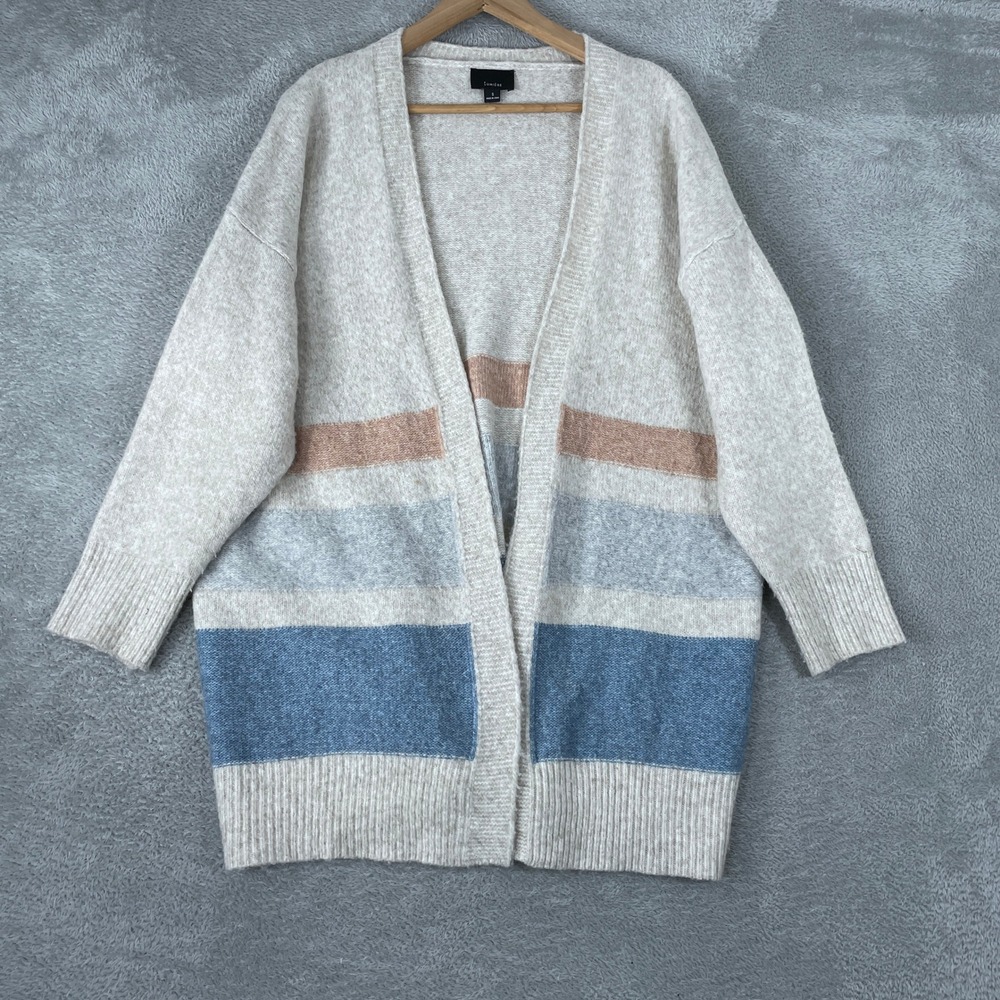 Lumiere Cardigan Womens Small Beige Striped Oversized Open Front Wool Blend Boho